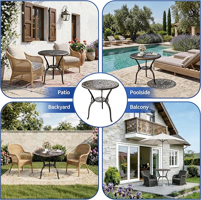 IDEALHOUSE Patio 23''Cast Aluminum Side Table with Umbrella Hole,Outdoor Small Coffee Tables,Anti-Rust Bistro Table,Round End Table,Outdoor Furniture for Indoor,Patio,Garden,Porch,Balcony,Retro Bronze