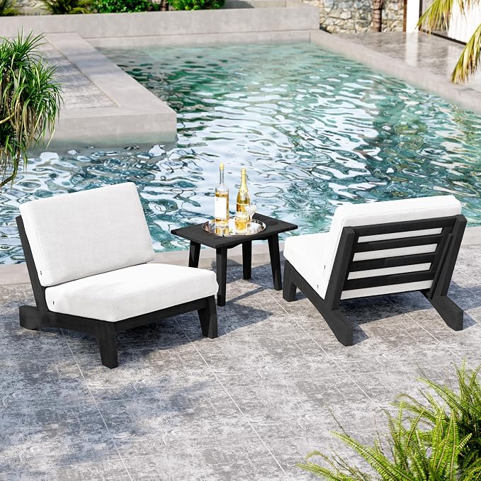 5 Pieces All Weather Black Wood Patio Furniture Sets, 2 Patio Loveseat, 2 Patio Bistro Chair, Outdoor Sectional Sofa Furniture Backyard Conversation Set with Coffee Table - Beige