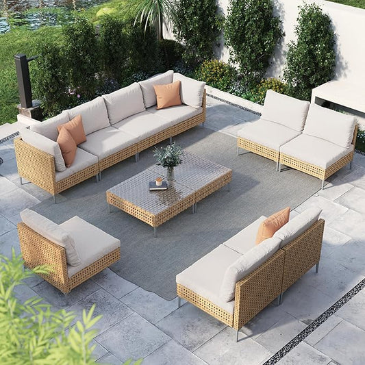 Grand patio 11-Piece Wicker Patio Furniture Set, Boho Outdoor Conversation Set Sectional Sofa with Water Resistant Beige Thick Cushions and Coffee Table, Cream
