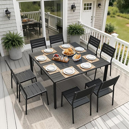 9-Piece Square Outdoor Dining Set, 56" Patio Table and Stackable Chairs | Aluminum Frame Adjustable Umbrella Hole All-Weather Wood Grain Tabletop for Garden, Deck, Backyard (Black)