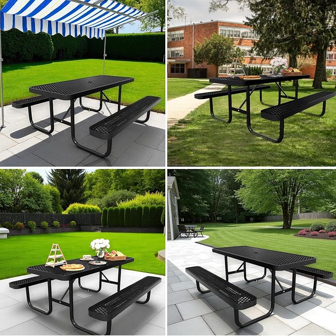 4FT & 6FT Outdoor Picnic Table, Rectangle Metal Picnic Table with Benches, Heavy-Duty Steel for Patio Garden Park Camping - Commercial & Residential Use, Weather Resistant, Easy Assembly (6FT)