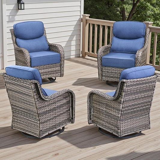 Rilyson Outdoor Swivel Rocker Chairs - All Weather Resistant Wicker Patio Furniture Set of 4 with High Back and 6 inch Thick Cushions for Deck Porch Yard and Poolside, Mixed Grey/Blue