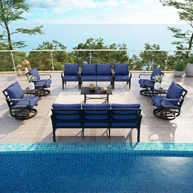 11 Pieces Patio Conversation Sets, All-Weather Metal Swivel Rocking Chairs with Rope Furniture Set, Outdoor Sofa Couch for Deck, Porch, Garden, Backyard, Poolside (Blue Cushions)