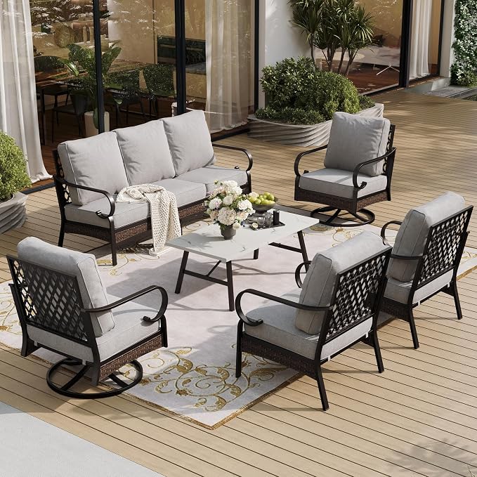 SUNSHINE VALLEY 6-Piece Metal Outdoor Patio Furniture Set - Black & Light Gray with 1 3-Seater Sofa, 2 Fixed & 2 Swivel Sofas, Coffee Table