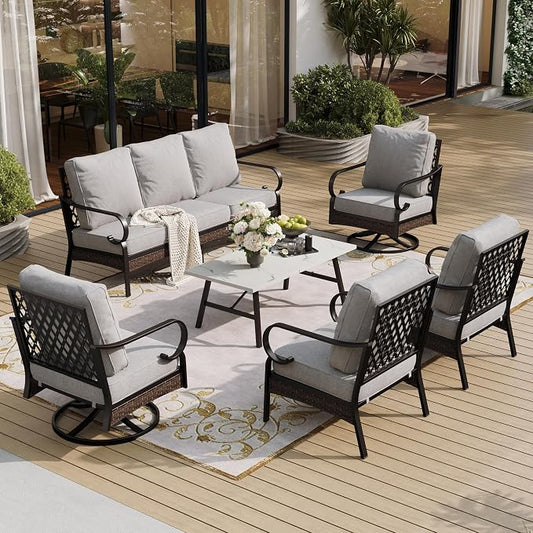 SUNSHINE VALLEY 6-Piece Metal Outdoor Patio Furniture Set - Black & Light Gray with 1 3-Seater Sofa, 2 Fixed & 2 Swivel Sofas, Coffee Table