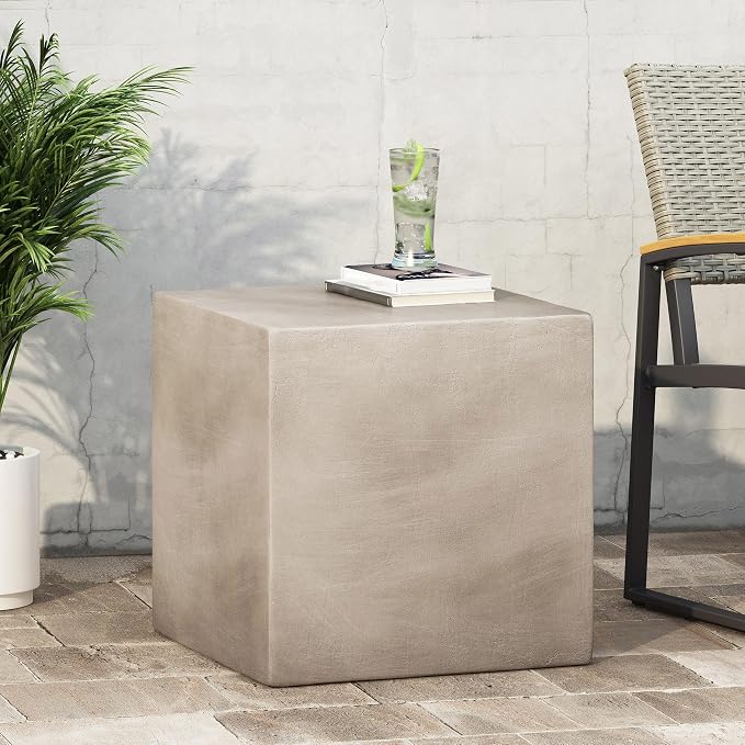 Outdoor Side Table 22" Square Shape Lightweight Concrete-Look Outdoor Indoor Accent Table Decorative Garden Stools, for Patio Porch Living Room, Grey