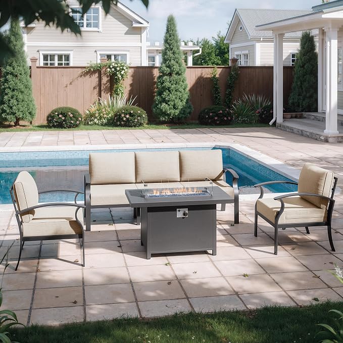 Kurapika Aluminum Patio Furniture Set 5-Seat Modern Metal Outdoor Conversation Sets w/45in Propane Fire Pit Table, w/5.1 Inch Cushion Patio Sectional Sofa w/5.1 inch Cushion, Sand