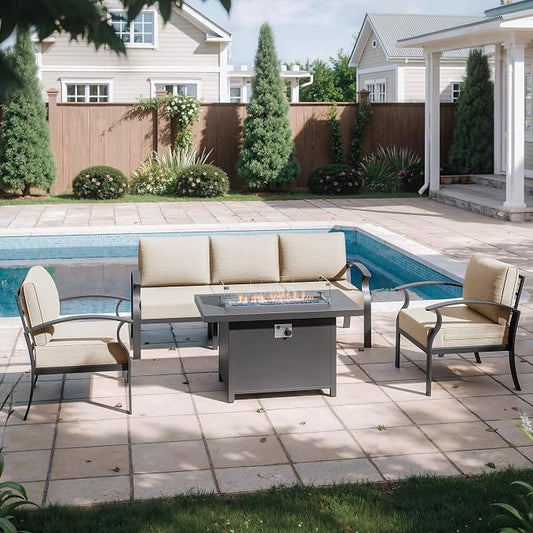 Kurapika Aluminum Patio Furniture Set 5-Seat Modern Metal Outdoor Conversation Sets w/45in Propane Fire Pit Table, w/5.1 Inch Cushion Patio Sectional Sofa w/5.1 inch Cushion, Sand