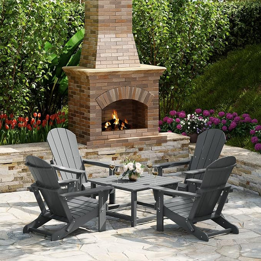 Costaelm Patio Conversation Set, 5 piece Balcony Furniture, Small Patio Firepit Furniture Outdoor Adirondack Square Coffee Table and Chair for Backyard Lawn Porch Pool Garden, Gray