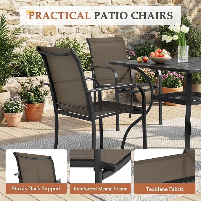 Crownland 5 Piece Patio Dining Set, Outdoor Textilene Dining Sets, 4 Textilene Metal Chairs and Square Outdoor Dining Table with 1.57" Umbrella Hole (Brown)
