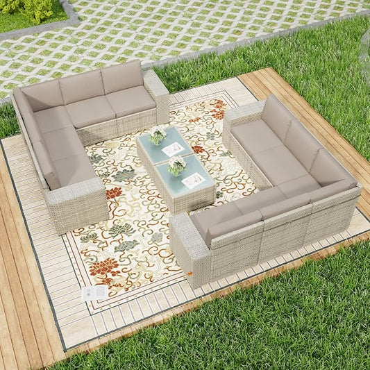12 Piece Patio Furniture Set, 8" Wide Arm Sectional Sofa Set with Coffee Table, High-Back All-Weather Rattan Outdoor Conversation Set for Garden, Porch, Lawn, Khaki