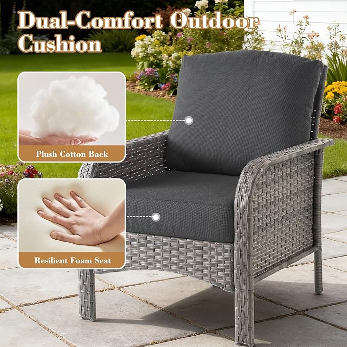 2 Pieces Patio Furniture Set, Two Single Chair Outdoor Furniture, All-Weather Rattan Wicker High Back Conversation Set of 2 for Small Space Porch, Backyard, Balcony, Black