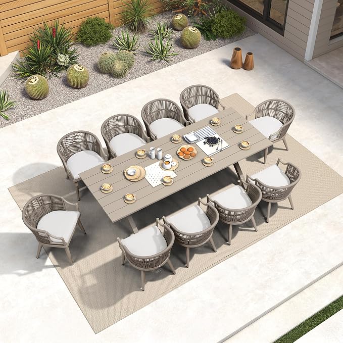 PURPLE LEAF 11 Pieces Outdoor Dining Set All Weather Wicker Patio Dining Set with Rectangular Aluminum Table and Modern Armrest Dining Chairs for Garden Deck Backyard Kitchen, Champagne