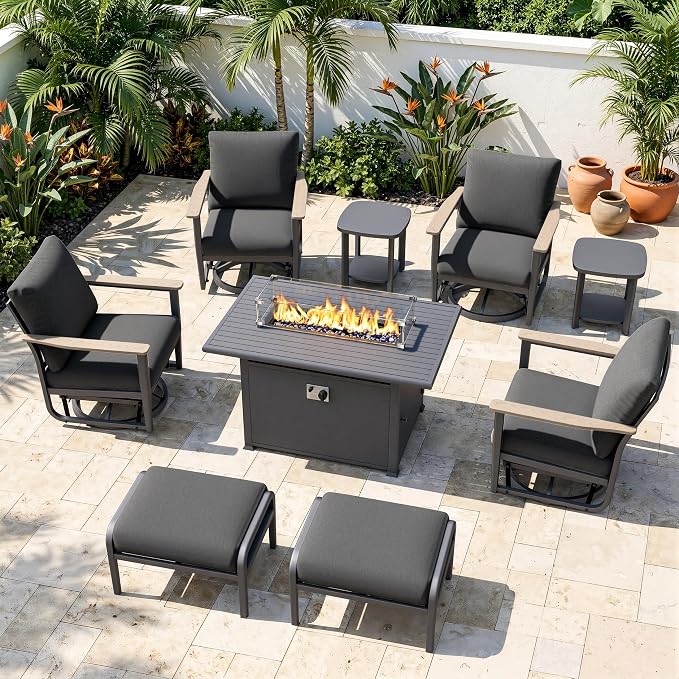 Aluminum Patio Swivel Rocking Chair Outdoor Bistro Set, 9pcs Patio Conversation Set Outdoor Patio Furniture Set with High Backrest & Thickened Cushions for Garden, Deck and Balcony, Dark Grey