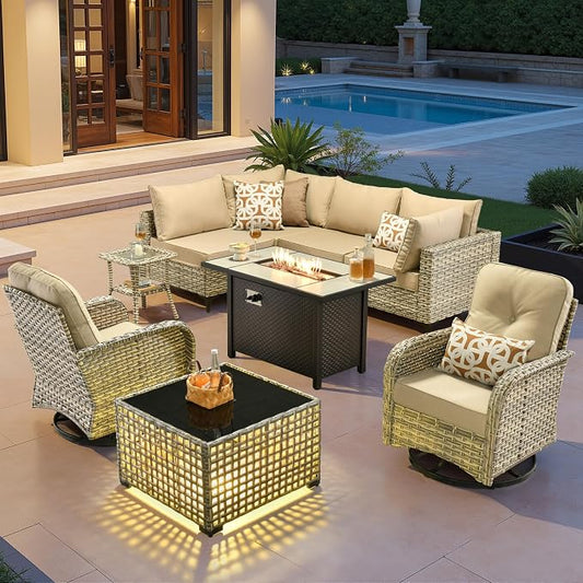 Outdoor Sectional Patio Furniture Set with Fire Pit Table,9 Pieces Rattan Wicker Conversation Sets L Shaped Couch,Outside Furniture with Swivel Chairs Glowing Coffee Table,Beige