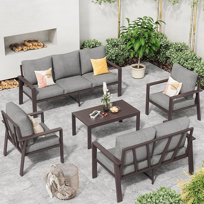 Aluminum Patio Furniture Set 5 Pieces Modern Patio Conversation Sets for Porch, Deck, Garden, 7-Seat Outdoor Furniture Metal Sofa Set with 4" Water-Resistant Cushion & Coffee Table,Gray