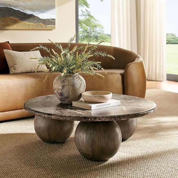 Modway Pietra Modern Sculptural Indoor/Outdoor Round Coffee Table in Dark Emperador Marble – Faux Marble Top with Three Ball Pedestal Legs – Contemporary Round Accent Table