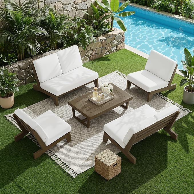 7 Pieces All Weather Wood Patio Furniture Sets, 2 Patio Loveseat, 4 Patio Bistro Chair, Outdoor Sectional Sofa Furniture Backyard Conversation Set with Coffee Table - Beige