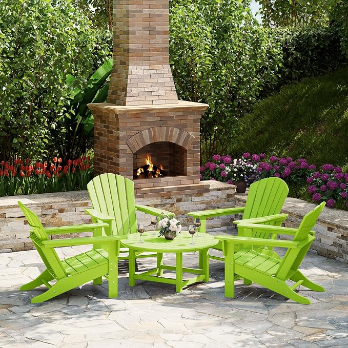 Costaelm Patio Conversation Set, Outdoor Chairs Set of 5 Balcony Firepit Furniture Outdoor Adirondack Round Table and Chair Backyard Furniture Set for Lawn Porch Pool Garden, Lime