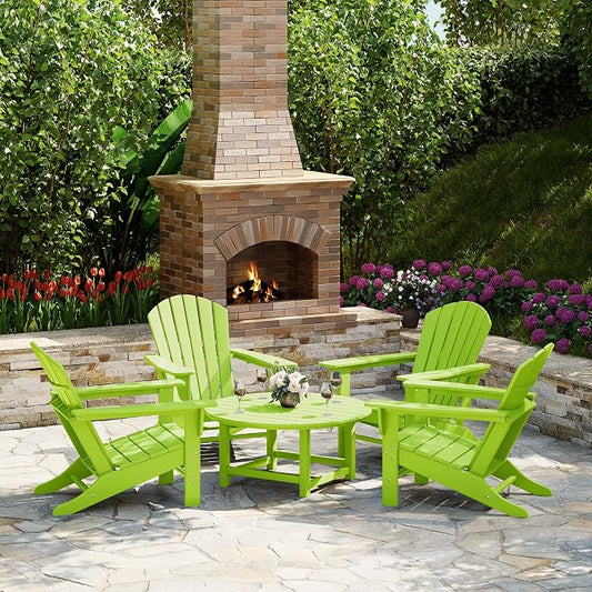 Costaelm Patio Conversation Set, Outdoor Chairs Set of 5 Balcony Firepit Furniture Outdoor Adirondack Round Table and Chair Backyard Furniture Set for Lawn Porch Pool Garden, Lime