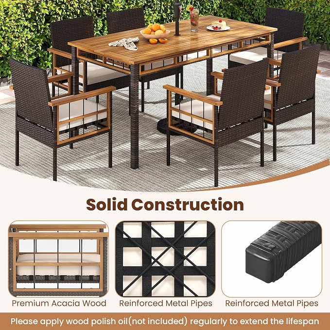 Tangkula 7 Pieces Wicker Patio Dining Set, Outdoor Acacia Wood Rectangular Table with 1.97” Umbrella Hole and Cushioned Chairs, Outside Conversation Furniture Set for Deck, Garden and Backyard