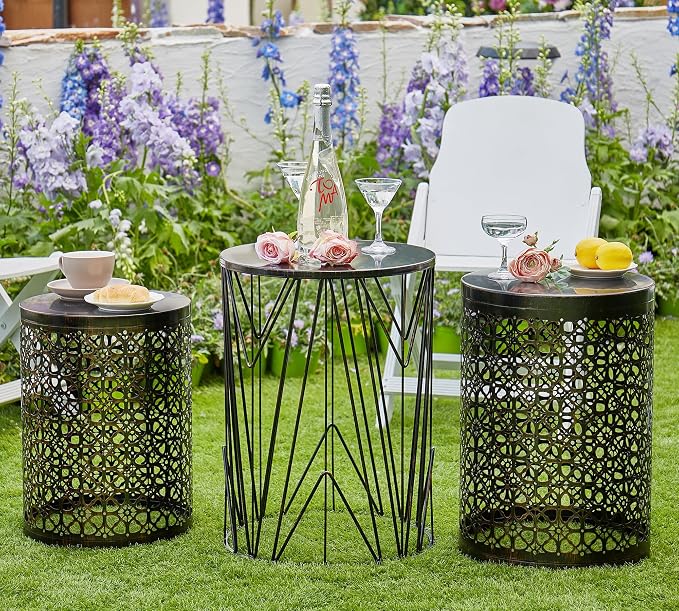 Y&M Set of 3 Meatal Round Side Tables, Multifunctional Coffee Table End Table for Indoor, Outdoor Garden Stool-Black with Bronze