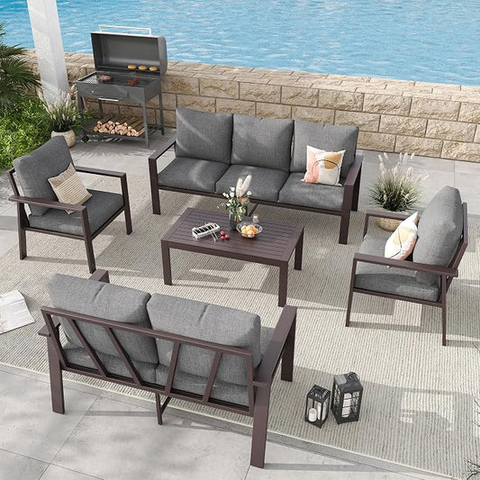 Aluminum Patio Furniture Set 5 Pieces Modern Patio Conversation Sets for Porch, Deck, Garden, 7-Seat Outdoor Furniture Metal Sofa Set with 4" Water-Resistant Cushion & Coffee Table,Gray