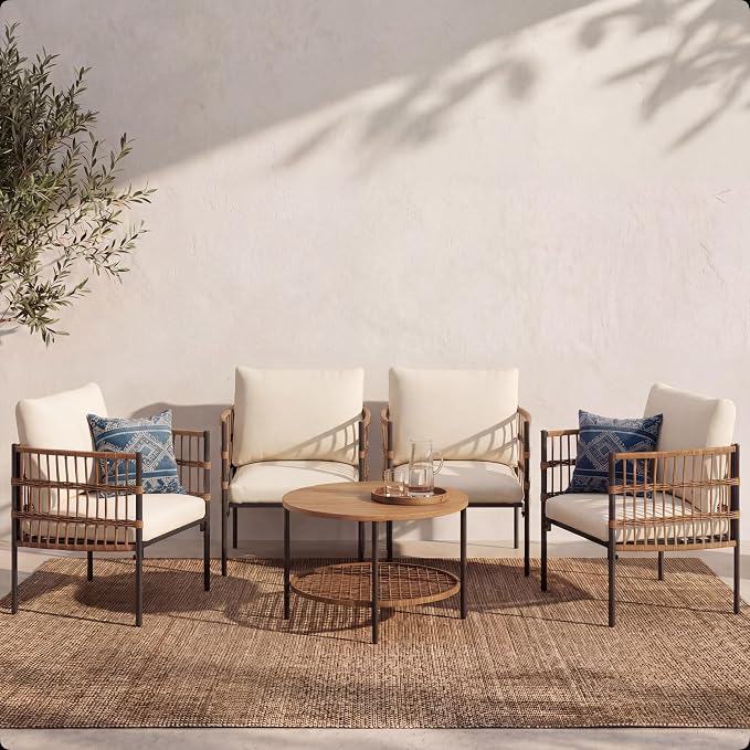 LAUSAINT HOME 5-Piece Outdoor Patio Furniture, All-Weather Wicker Patio Conversation Set with Thick Cushions and 2-Tier Coffee Table for Patio, Balcony, Backyard, Beige