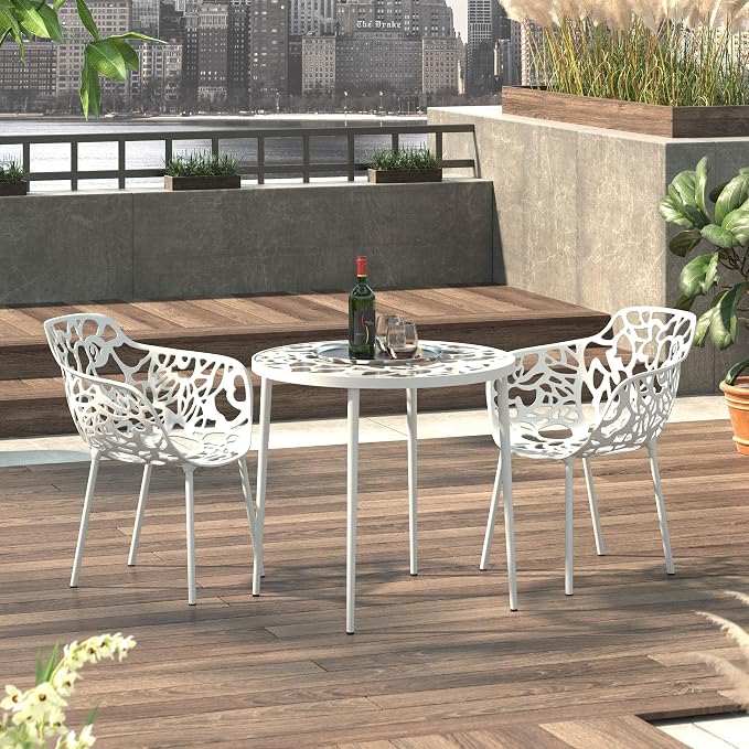 LeisureMod Devon Dining Table with Glass Top and Aluminum Base, Modern Bistro Table for Indoor and Outdoor Use (White)
