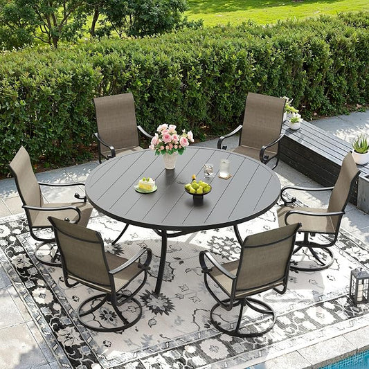 DIFY 7 Pieces Outdoor Dining Set for 6, Outdoor Furniture Set of 6 Brown Textilene Swivel Patio Chairs, 53" Black Round Metal Dining Table with Umbrella Hole, for Garden Deck Backyard