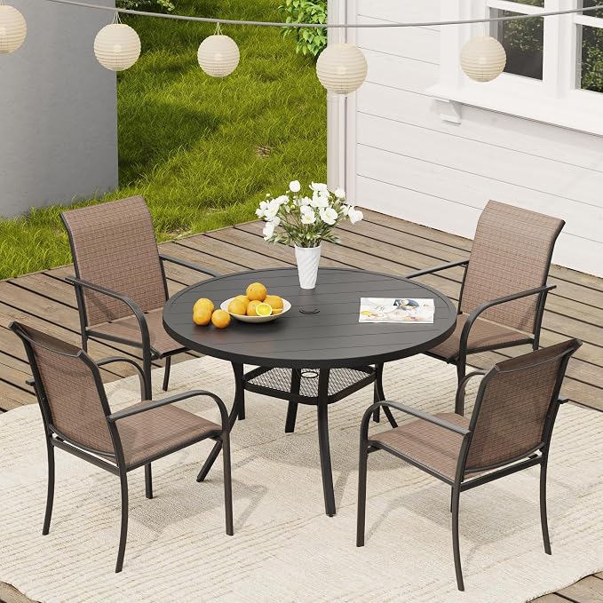 VICLLAX Round Outdoor Dining Set, Patio Table and Chairs Set Set of 4 Patio Stackable Chairs and 40.6" Outdoor Round Table with Umbrella Hole for Backyard Lawn Garden, Brown Chairs and Black Table