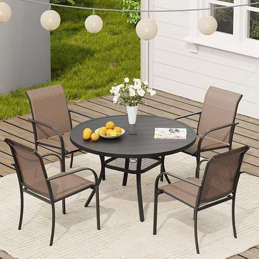 VICLLAX Round Outdoor Dining Set, Patio Table and Chairs Set Set of 4 Patio Stackable Chairs and 40.6" Outdoor Round Table with Umbrella Hole for Backyard Lawn Garden, Brown Chairs and Black Table