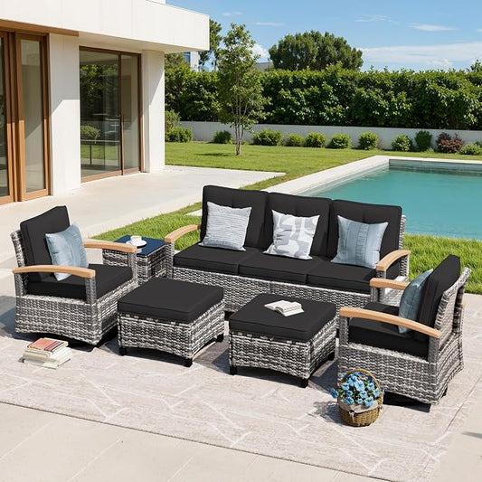 MEISSALIVVE 6 Pieces Patio Furniture Sets,Wicker Patio Conversation Sets with 2 Wood Armrests Swivel Glide Chairs, 2 Ottomans for Deck Yard and Poolside (Black)