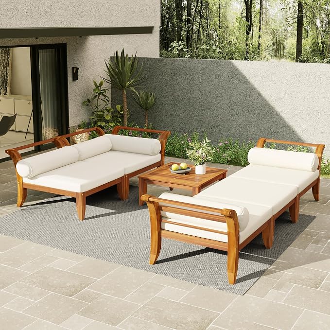 RuiSiSi 6 Piece Patio Sofa Set, Acacia Wood Outdoor Modular Sectional Garden Furniture Set, L-Shaped Conversation Set with Tea Table, Ottoman, 5 Cushions and Pillows, Teak+Beige