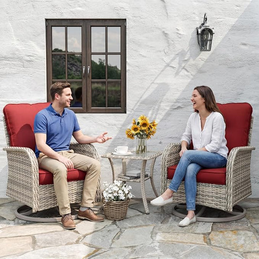 Patio Rocking Swivel Chair Outdoor Wicker Rattan Bistro Set with Tempered Glass Side Table, Outdoor Patio Furniture Set for Garden, Deck, and Balcony, Red