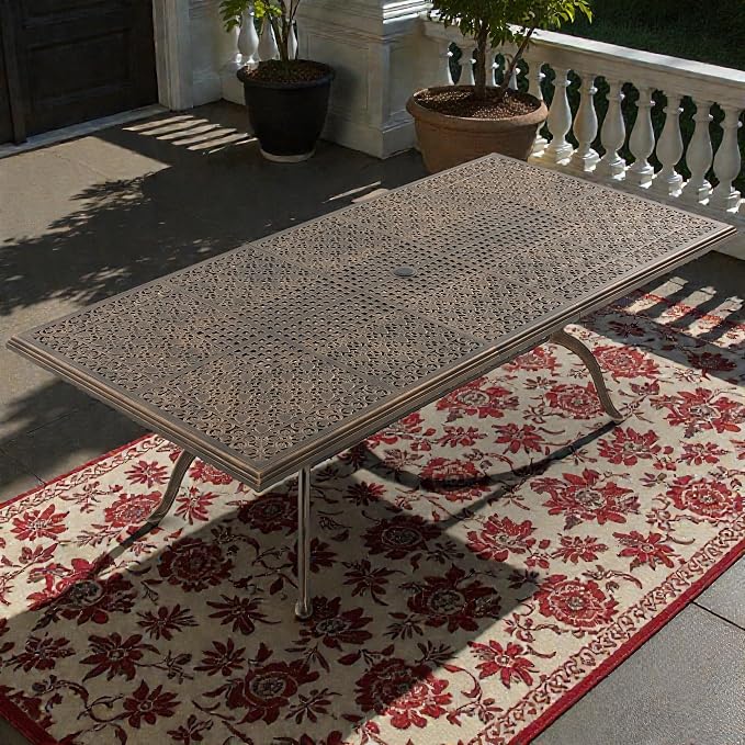 87" Rectangular Cast Aluminum Outdoor Dining Table, Elegant Bronze Patio Table for 8 with Strawberry & Leaf Design, 2" Umbrella Hole, Rustproof & Weather-Resistant Furniture for Garden