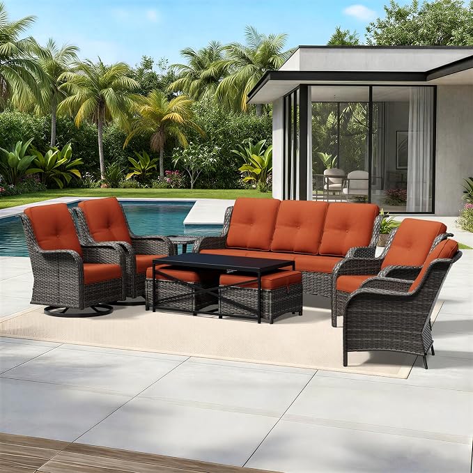 Joyside 9 Piece Wicker Patio Furniture Set, Outdoor Swivel Rocker Patio Chairs with High Back, Deep Seating, Wide Armrest, Thickened Cushions, Outdoor Furniture for Deck, Porch Use