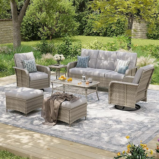 Aoxun Luxury 7-Piece Patio Furniture Set, 360° Swivel Chairs, Wicker Rattan Sofa with Thick Cushion, Outdoor Conversation Set for Backyard, Poolside & Garden, Beige/Gray