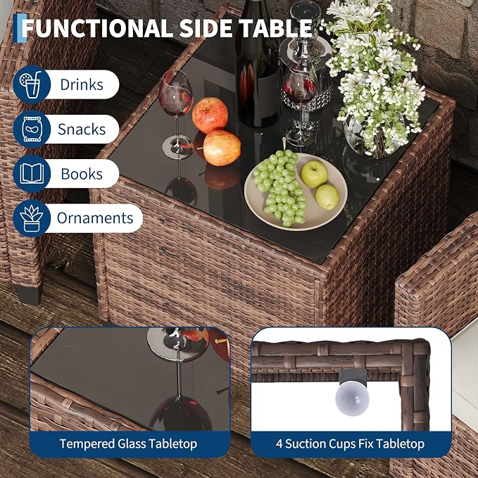 GarveeLife 3 Piece Wicker Patio Furniture Set, Outdoor Rattan Chairs with Side Table, All-Weather Conversation Set for Balcony, Porch or Backyard, Brown Gradient Wicker with Cushions
