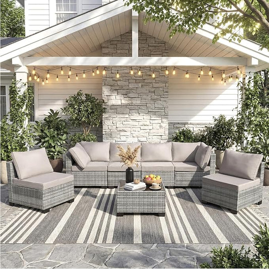 ANJ 7 Piece Outdoor Wicker Patio Furniture Set, Modular Loveseat Sofa with with Glass Top Coffee Table, All-Weather Rattan Conversation Couch Set for Balcony, Backyard, Light Grey Wicker-Grey