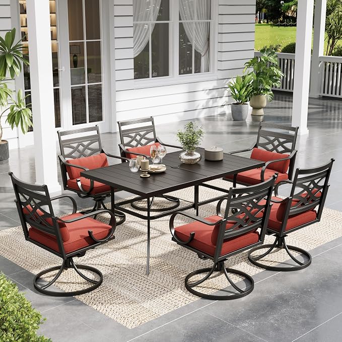 Sophia & William Patio Dining Set, Steel, Red | Umbrella Hole, Swivel Chairs, E-Coated, Cushions Included, For Patio, Garden and Yard