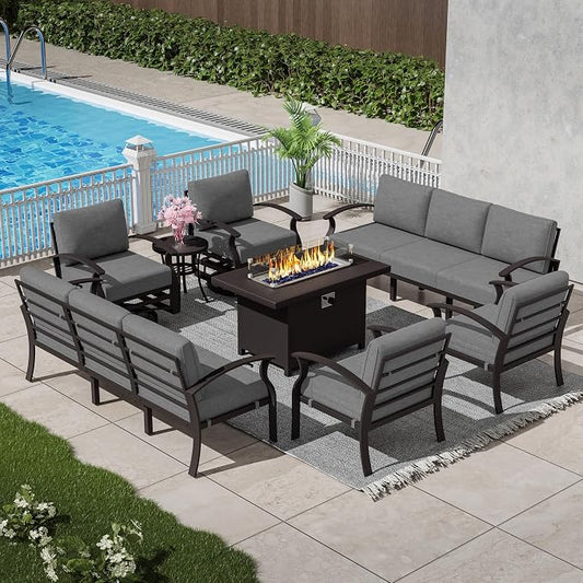 Patio Furniture Set 10 Seats Aluminum Armrest Sofa, Modern Outdoor Living Room Set with 55000 BTU Propane Aluminum Fireplace, Outdoor Rotary Joystick with Thick Cushion - Grey