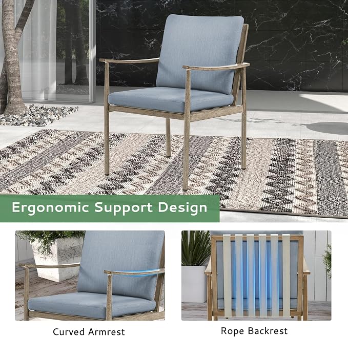 7-Piece Outdoor Dining Set for 6, Aluminum Dining Set with Cushions, 4 Dining Chair and 2 Swivel Chairs with Rope Backrest, Large Rectangular Table with Umbrella Hole for Lawn Porch Yard,Brown