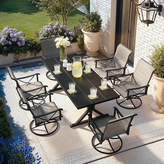Kurapika 7-Piece Patio Dining Set, Outdoor Cross-Legged Large-Top Table with Umbrella Hole and 6 Swivel/Rocking Chairs, Patio Furniture Set for Garden, Deck, Brown