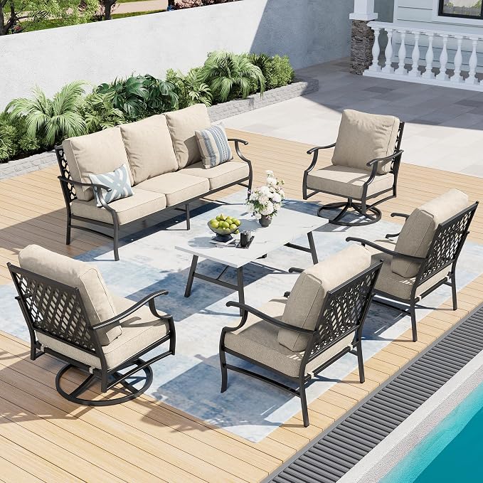 SUNSHINE VALLEY 6 Piece Metal Outdoor Patio Furniture Set, Patio Conversation Sets 1 3-seater Sofa, 2 Swivel Chair, 2 Leg Chair with 5.75" Thick Cushion and Coffee Table, Backyard Furniture Set, Beige