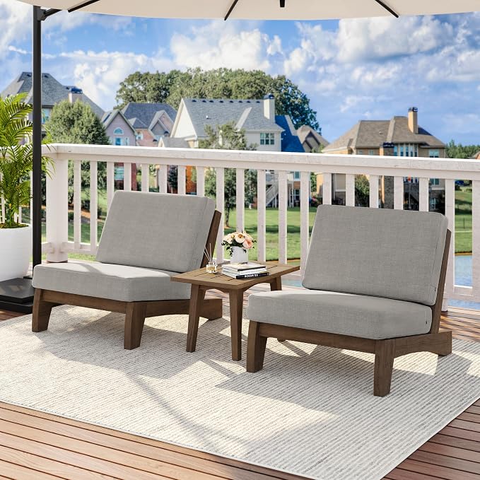 3 Piece Wood Patio Chair Outdoor Bistro Set, All Weather Outdoor Furniture Patio Sofa Chair Backyard Seating Group Conversation Sets with Wooden Side Table - Light Camel