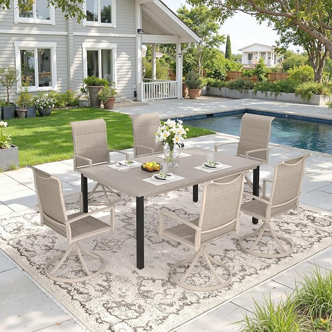 DIFY 7 Piece Outdoor Patio Dining Set for 6, 63" Grey Wood-Like Rectangle Metal Dining Table and Sandshell Padded Textilene Swivel Patio Chairs, All-Weather Outdoor Furniture Set for Garden Backyard
