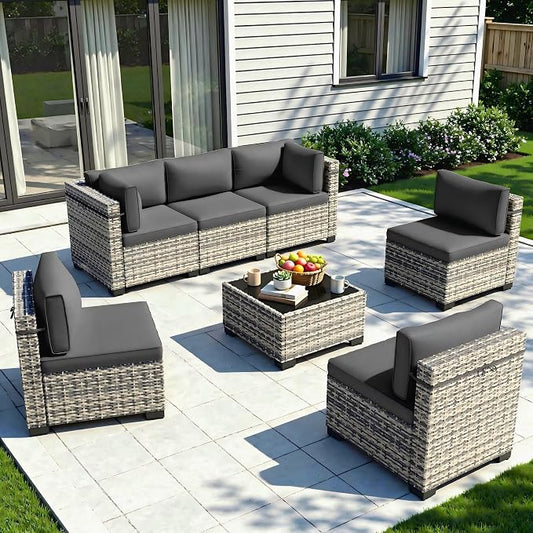 7-Piece Patio Furniture Set, Outdoor Sectional with Thick Cushions, Modular Patio Sofa, Dual-Strand Wicker Rattan, Rust-Resistant Frame, Backyard Furniture for Garden, Deck, Dark Black