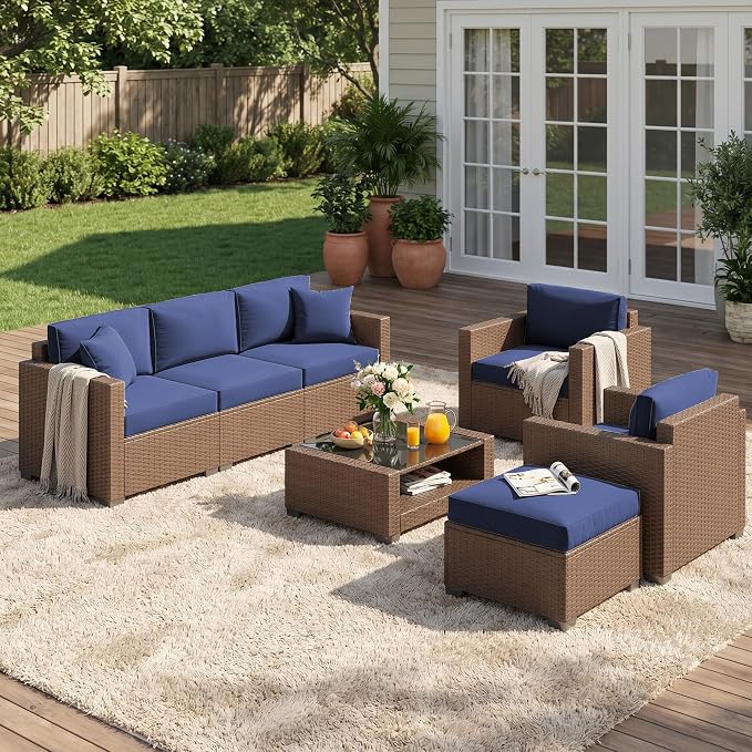 Patio Furniture Set 7 Pieces Conversation Set Wicker Outdoor Sectional Sofa,Ergonomic Armrests Couch with Cushion and Glass Table (Brown-Navy, 7 Piece-Double)