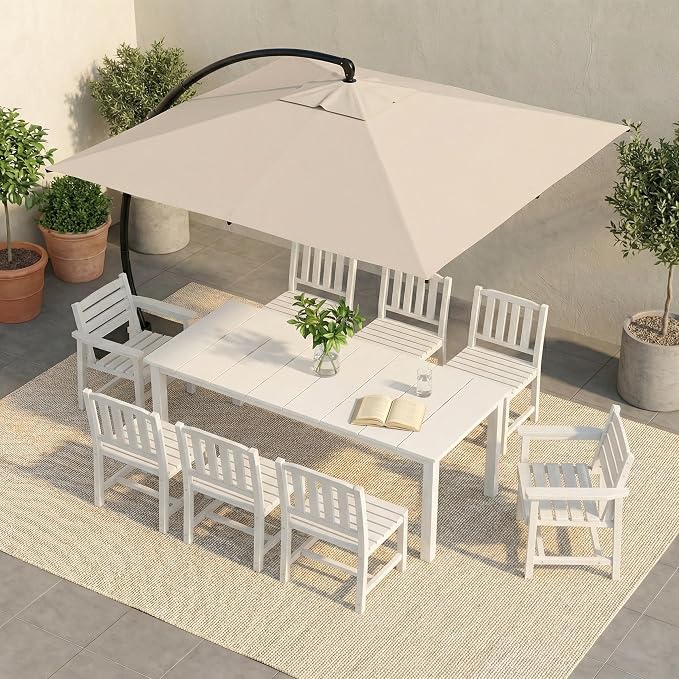 9-Pc Outdoor Dining Set, 10x10FT Cantilever Umbrella for 8,White | HDPE table, chairs included, aluminum frame, weather-resistant furniture, perfect for yard, lawn, garden, deck